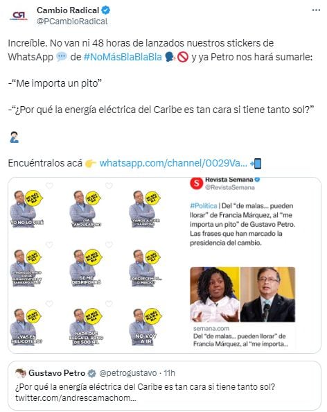 El trino publicado por el partido anunciando los stickers de WhatsApp alusivos al presidente Gustavo Petro y sus frases.