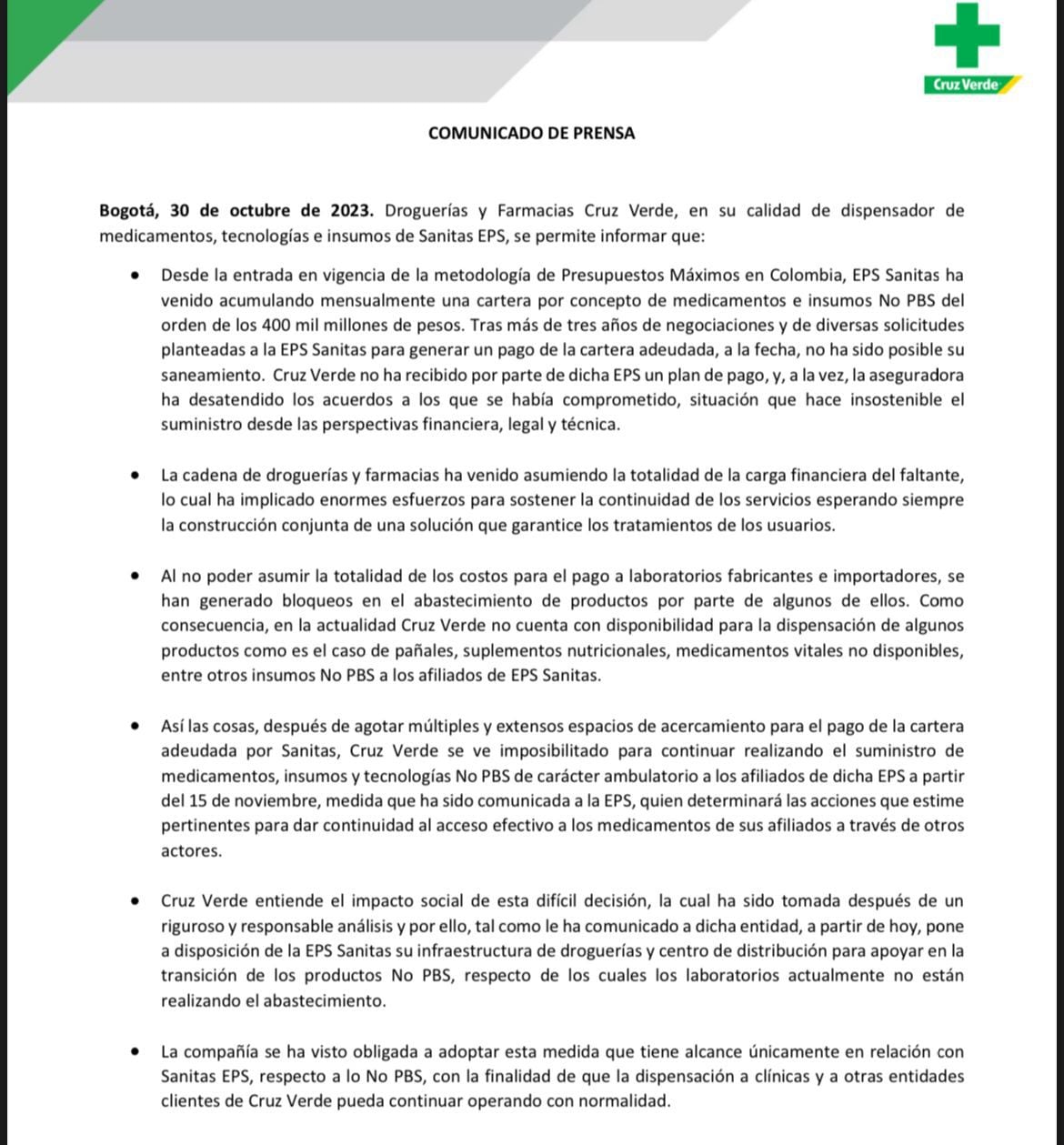 Comunicado oficial de Cruz Verde, sobre situación con EPS Sanitas.