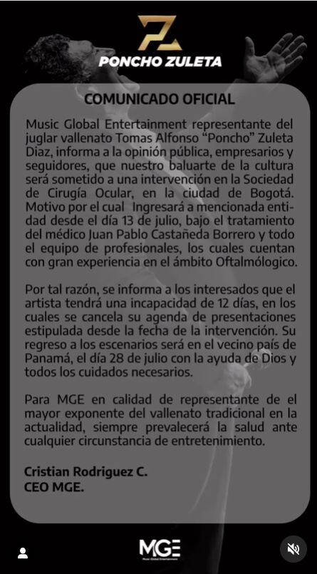 El comunicado publicado por la agencia que maneja las relaciones públicas del artista vallenato.
