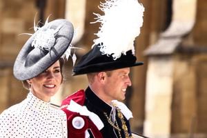 Britain's Kate, Princess of Wales and Prince William leave in a horse-drawn carriage from St George's Chapel after attending the Most Noble Order of the Garter Ceremony in Windsor Castle in Windsor, England, Monday June 19, 2023. (Henry Nicholls/Pool Photo via AP)