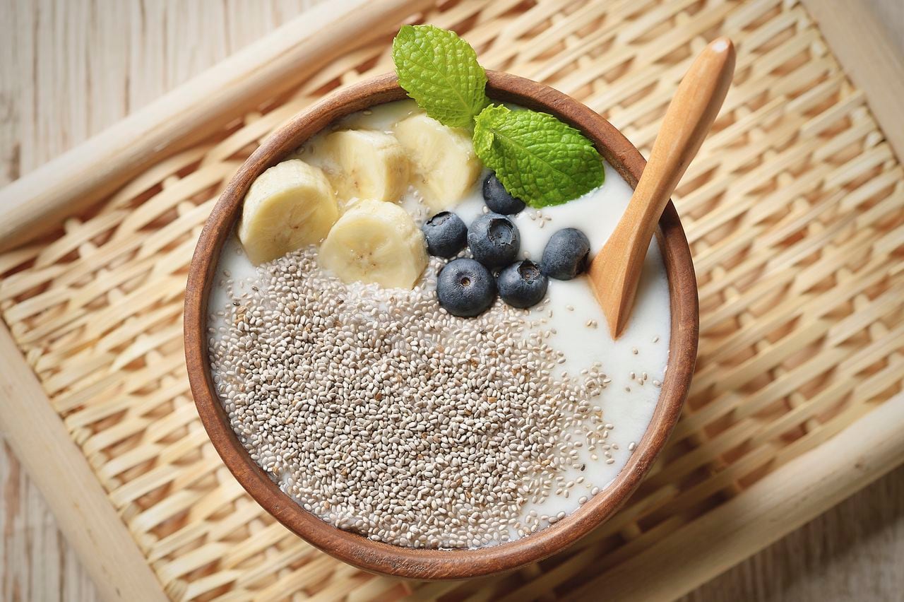 Raw chia seed, banana, blueberry and mint are topping to yogurt,Super food
