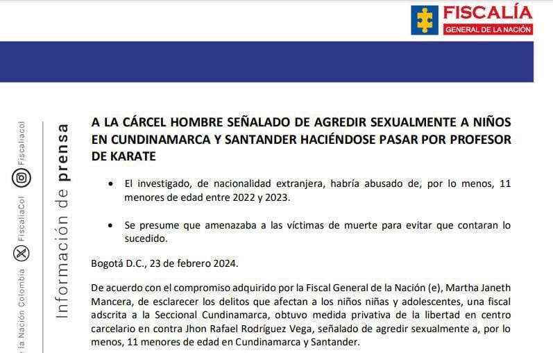 Esta es la información de la Fiscalía General sobre el caso del abusador sexual de menores en Cundinamarca y Santander.