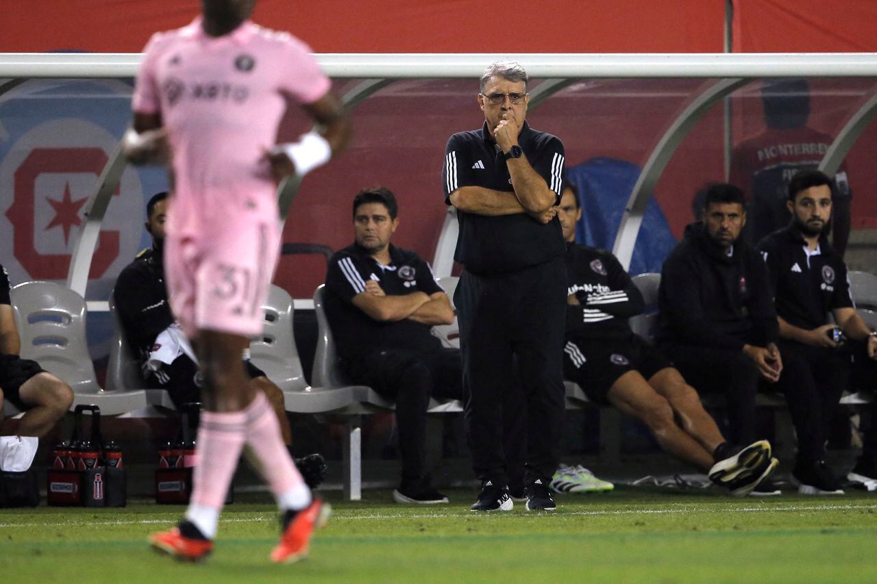 Oct 4, 2023; Chicago, Illinois, USA; Inter Miami CF manager Gerardo Martino looks on during the first half against the Chicago Fire at Soldier Field. Mandatory Credit: Jon Durr-USA TODAY Sports