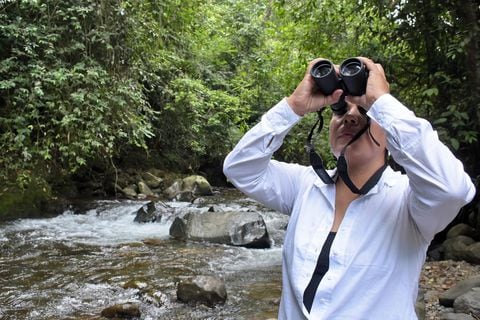 Paola Alzate, armada de binoculares y libros de especies de flora y fauna, cumple labores de monitoreo en el Parque Nacional Natural Farallones de Cali.
