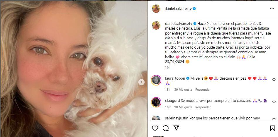 Daniella Álvarez despidió a su mascota, tras casi nueva años juntas.