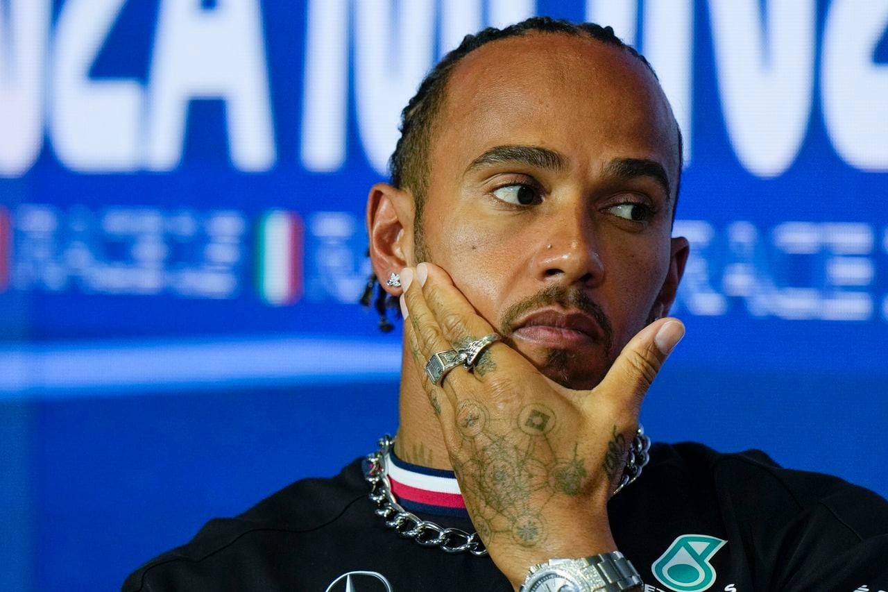 Mercedes driver Lewis Hamilton of Britain gestures during a news conference at the Monza racetrack, in Monza, Italy , Thursday, Aug. 31, 2023. The Formula one race will be held on Sunday. (AP Photo/Luca Bruno)