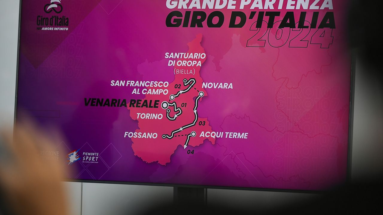 La ruta del Giro de Italia de 2024 es presentada durante una rueda de prensa en Turín, el lunes 9 de octubre de 2024. (Fabio Ferrari/LaPresse vía AP)