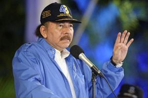 El presidente de Nicaragua, Daniel Ortega, durante la conmemoración del 43 aniversario de la fundación de la Policía Nacional en la Plaza de la Revolución en Managua, el 28 de septiembre de 2022.