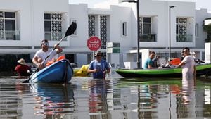 Los residentes trasladan sus pertenencias en un kayak en un complejo residencial inundado tras fuertes lluvias, en Dubai, Emiratos Árabes Unidos, el 18 de abril de 2024.