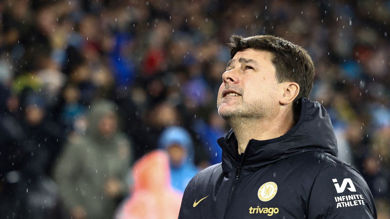 Chelsea's Argentinian head coach Mauricio Pochettino reacts prior to the English Premier League football match between Manchester City and Chelsea at the Etihad Stadium in Manchester, north west England, on February 17, 2024. (Photo by Darren Staples / AFP) / RESTRICTED TO EDITORIAL USE. No use with unauthorized audio, video, data, fixture lists, club/league logos or 'live' services. Online in-match use limited to 120 images. An additional 40 images may be used in extra time. No video emulation. Social media in-match use limited to 120 images. An additional 40 images may be used in extra time. No use in betting publications, games or single club/league/player publications. /