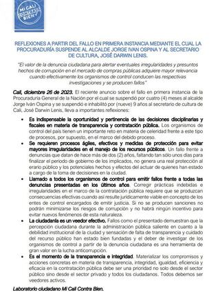 Este es el comunicado emitido por el Laboratorio Mi Cali Contrata Bien frente al fallo de la Procuraduría por el proceso contra Jorge Iván Ospina.