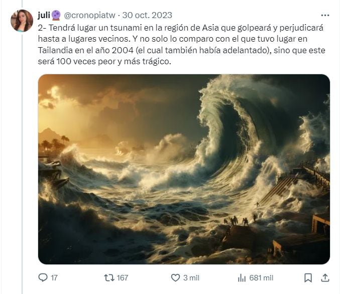 Usuaria en redes había anunciado las predicciones de Baba Vanga para el 2024 y mencionó un tsunami en la región de Asia.