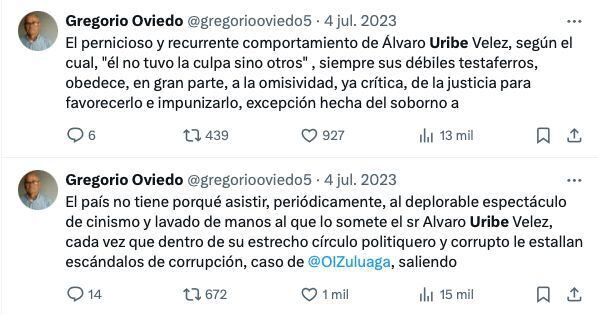 Gregorio Oviedo, esposo de Amelia Pérez, publicó mensajes contra el expresidente Álvaro Uribe.