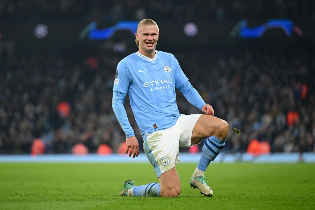 MANCHESTER, ENGLAND - NOVEMBER 07: Erling Haaland of Manchester City celebrates after scoring the team's third goal during the UEFA Champions League match between Manchester City and BSC Young Boys at Etihad Stadium on November 07, 2023 in Manchester, England. (Photo by Michael Regan/Getty Images)