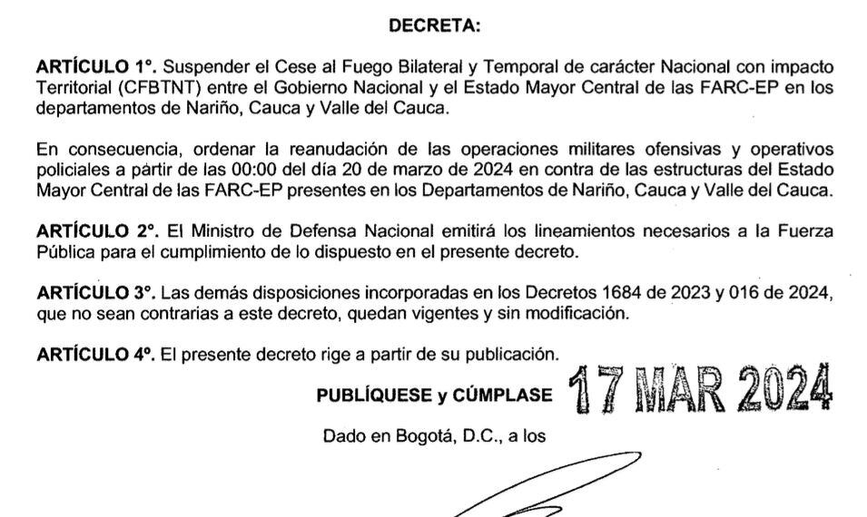 Decreto de cese al fuego con las disidencias de las Farc en el Cauca, Valle y Nariño.