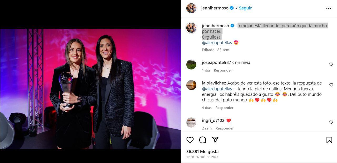 Jenni Hermoso dedicó sentidas palabras a  Alexia Putellas cuando fue condecorada con el premio The Best en el 2022.