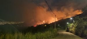 Bomberos de Cali no han podido controlar el incendio en el Cerro de las Tres Cruces por los fuertos vientos y la altan vegetación. Foto: José Luis Guzmán/El País
