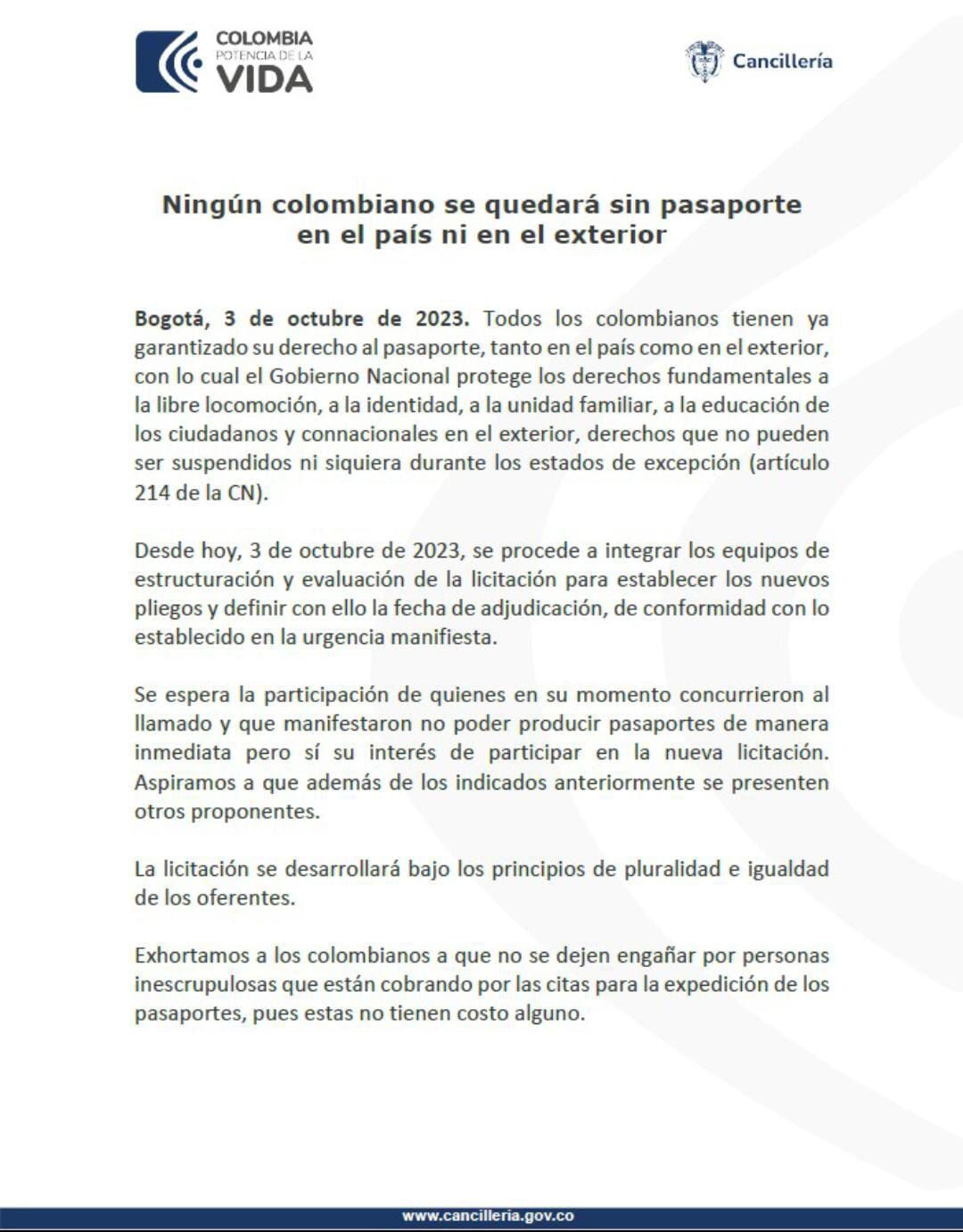 Este es el comunicado emitido por la Cancillería de Colombia.