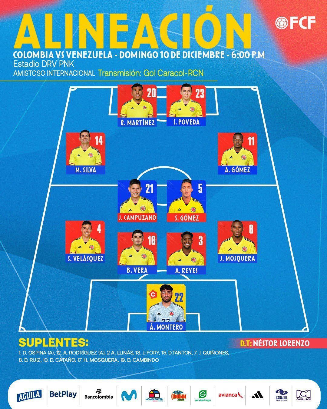 Once titular de la Selección Colombia para enfrentar a Venezuela.