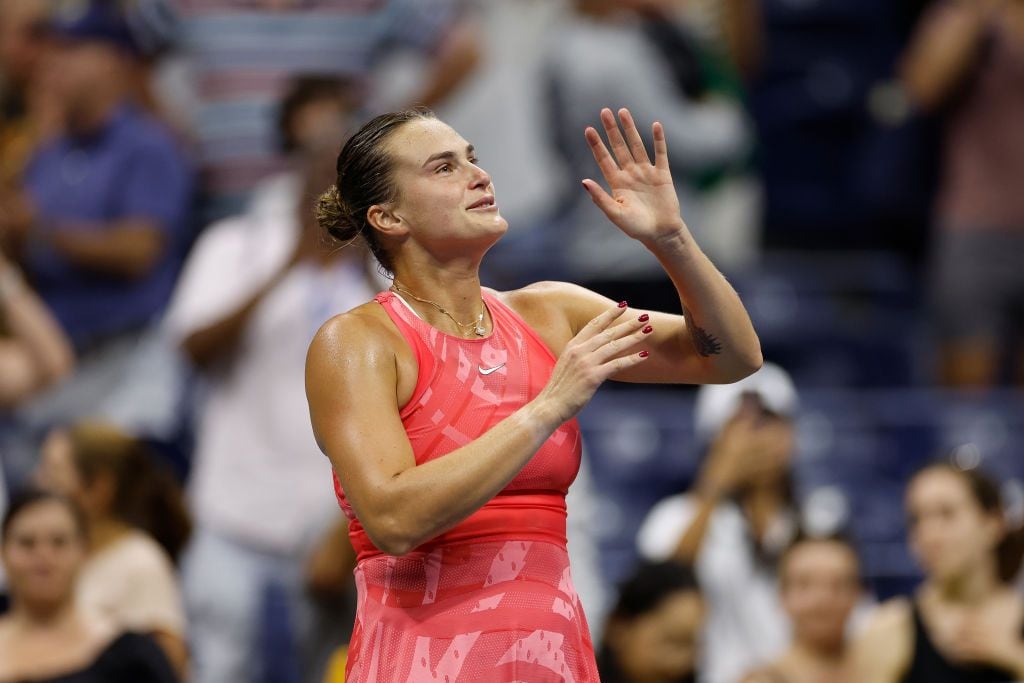 NEW YORK, NEW YORK - SEPTEMBER 07: Aryna Sabalenka of Belarus celebrates match point against Madison Keys of the United States during their Women's Singles Semifinal match on Day Eleven of the 2023 US Open at the USTA Billie Jean King National Tennis Center on September 07, 2023 in the Flushing neighborhood of the Queens borough of New York City. (Photo by Sarah Stier/Getty Images)