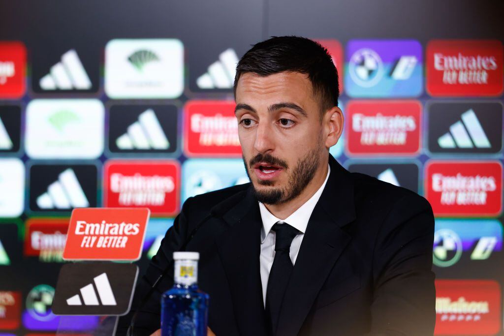 VALDEBEBAS, SPAIN - JUNE 20: Joselu Mato attends his press conference during his presentation as new player of Real Madrid at Ciudad Deportiva Real Madrid on June 20, 2023, in Valdebebas, Madrid, Spain. (Photo by Oscar J. Barroso / AFP7 via Getty Images)