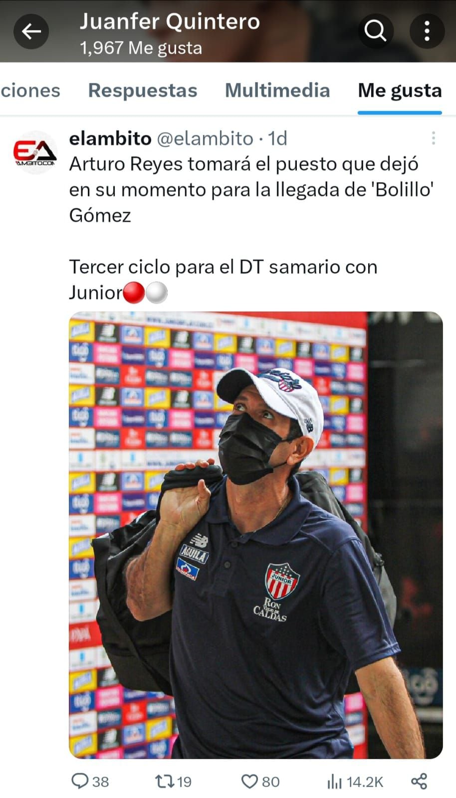 Juan Fernando Quintero le da like a comentario que hace referencia a la salida de 'Bolillo' del Junior
