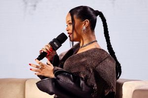 PHOENIX, ARIZONA - FEBRUARY 09: Rihanna speaks during the Super Bowl LVII Pregame & Apple Music Halftime Show press conference at Phoenix Convention Center on February 09, 2023 in Phoenix, Arizona.   Mike Lawrie/Getty Images/AFP (Photo by Mike Lawrie / GETTY IMAGES NORTH AMERICA / Getty Images via AFP)