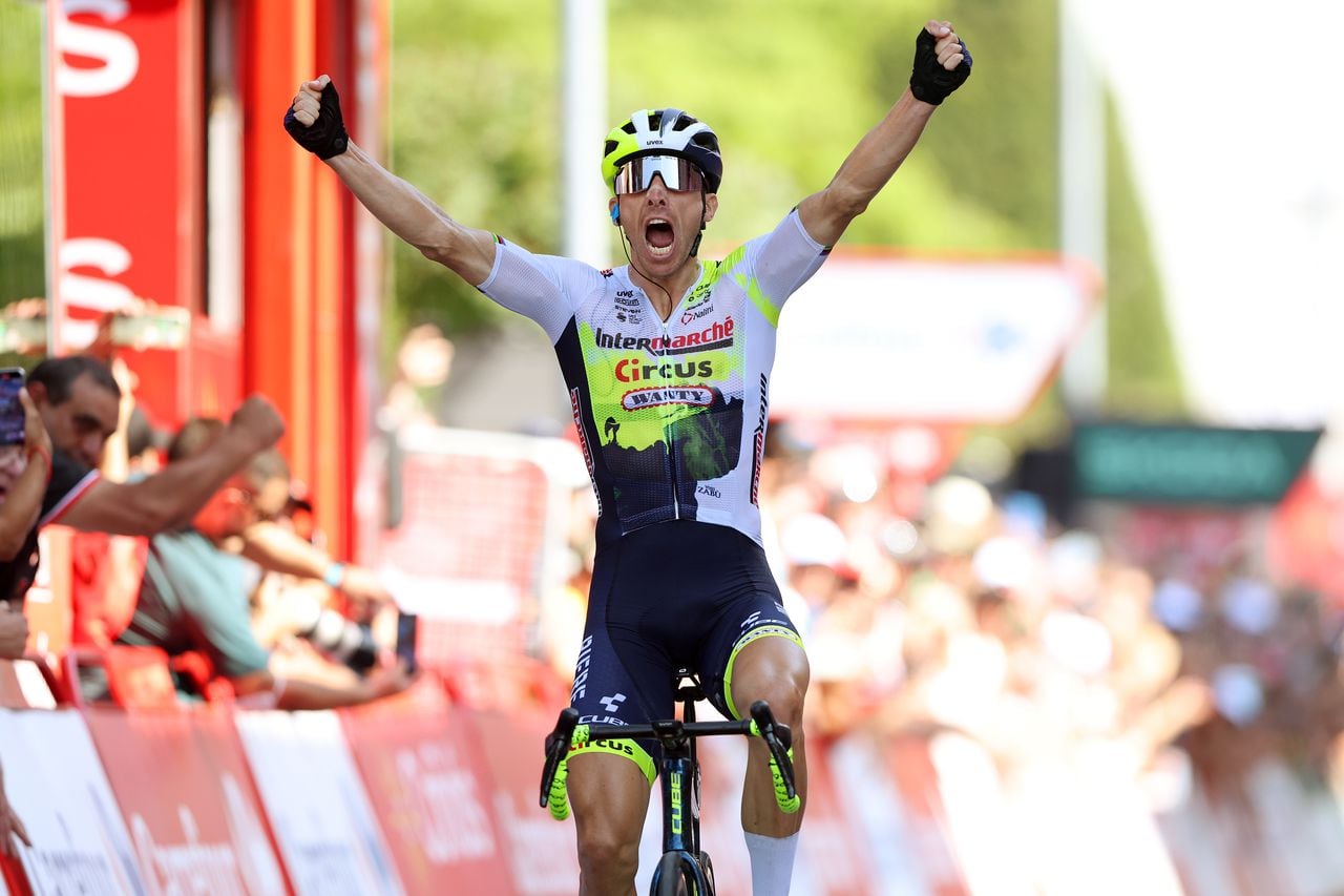 LEKUNBERRI, SPAIN - SEPTEMBER 10: Rui Costa of Portugal and Team Intermarché - Circus - Wanty celebrates at finish line as stage winner during the 78th Tour of Spain 2023, Stage 15 a 158.3km stage from Pamplona to Lekunberri / #UCIWT / on September 10, 2023 in Lekunberri, Spain. (Photo by Alexander Hassenstein/Getty Images)