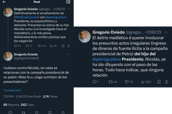 Estas son las publicaciones en Twitter hechas por Gregorio Oviedo, esposa de la candidata a fiscal Amelia Pérez.