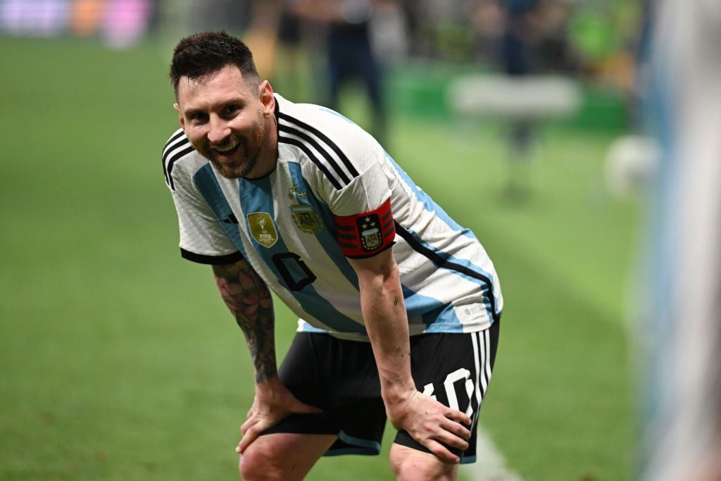 BEIJING, CHINA - JUNE 15: Lionel Messi of Argentina smiles during the international friendly match between Argentina and Australia at Workers Stadium on June 15, 2023 in Beijing, China. (Photo by Di Yin/Getty Images)