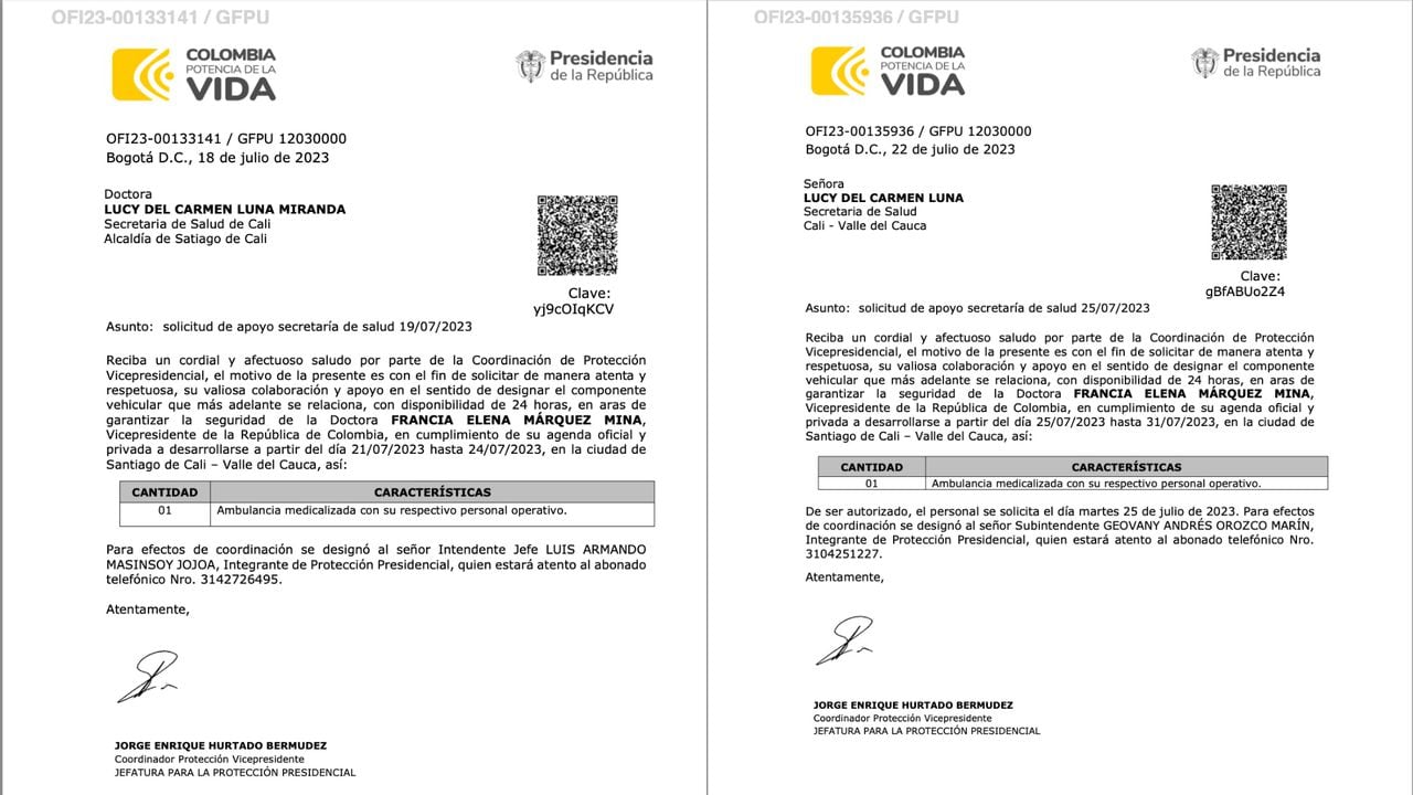 Dos solicitudes de ambulancia de la vicepresidenta Francia Márquez a la Secretaría de Salud de Cali.