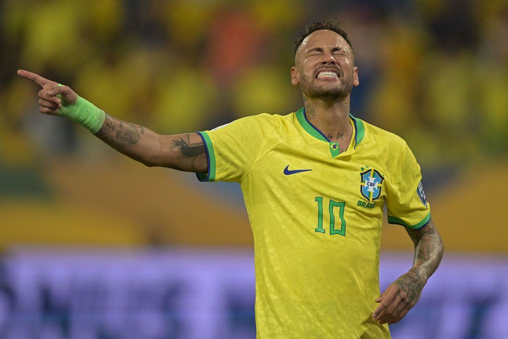 CUIABA, BRAZIL - OCTOBER 12: Neymar Jr. of Brazil reacts during a FIFA World Cup 2026 Qualifier match between Brazil and Venezuela at Arena Pantanal on October 12, 2023 in Cuiaba, Brazil. (Photo by Pedro Vilela/Getty Images)
