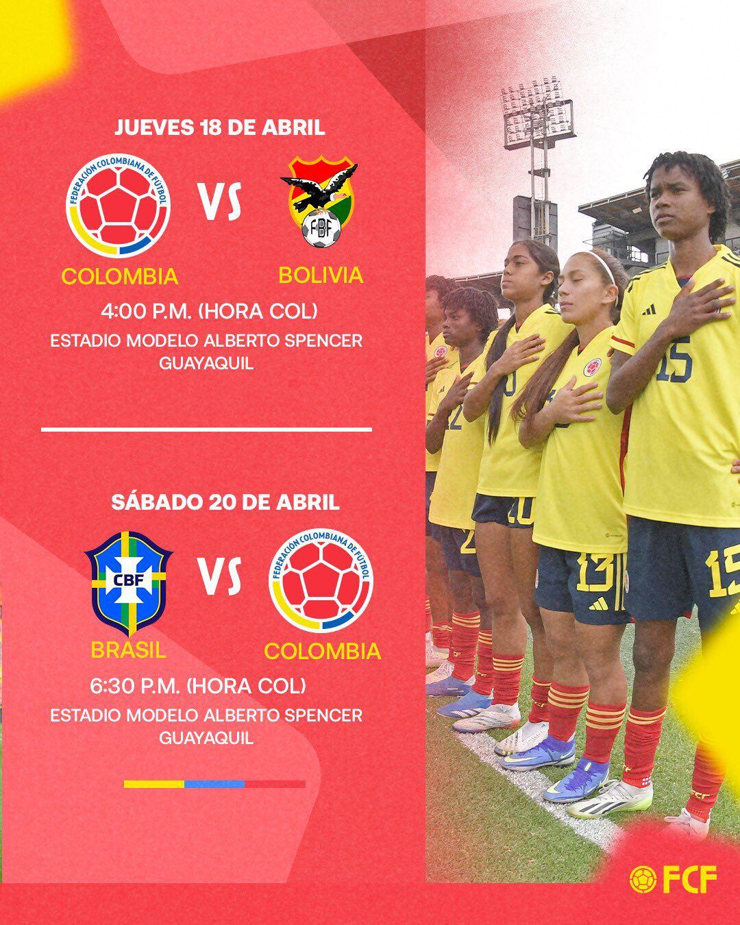 Calendario de la Selección Colombia Femenina en el Sudamericano Sub 20.