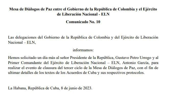 Este es el comunicado en el que la Mesa de Diálogos les pide a ambas partes de la negociación permitir un día más para acordar el cese.