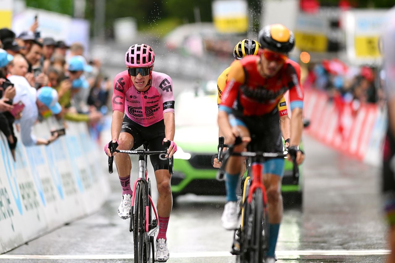 VILLARS-SUR-OLLON, SWITZERLAND - JUNE 13: Rigoberto Uran of Colombia and Team EF Education-EasyPost crosses the finish line during the 86th Tour de Suisse 2023, Stage 3 a 143.8km stage from Tafers to Villars-sur-Ollon 1256m / #UCIWT / on June 13, 2023 in Villars-sur-Ollon, Switzerland. (Photo by Dario Belingheri/Getty Images)