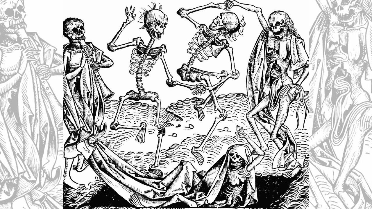 Inspirada en la Peste Negra, la Danza de la Muerte, una alegoría sobre la universalidad de la muerte, fue un motivo pictórico común en el periodo medieval tardío. Wikipedia
