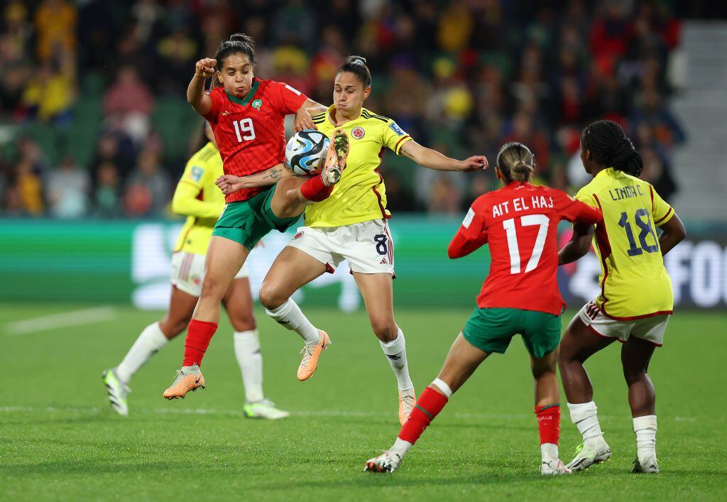 PERTH, AUSTRALIA - AUGUST 03: Sakina Ouzraoui of Morocco and Marcela Restrepo of Colombia compete for the ball during the FIFA Women's World Cup Australia & New Zealand 2023 Group H match between Morocco and Colombia at Perth Rectangular Stadium on August 03, 2023 in Perth, Australia. (Photo by Paul Kane/Getty Images)