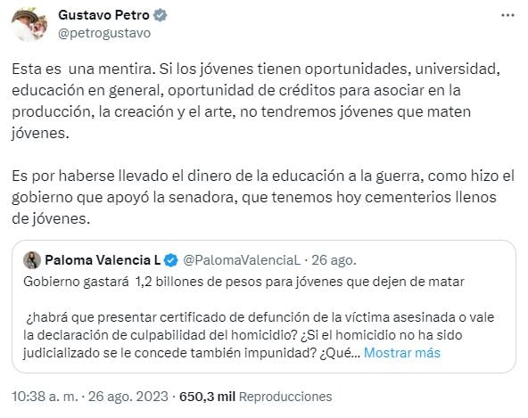 El tuit del presidente Petro en respuesta a Paloma Valencia.