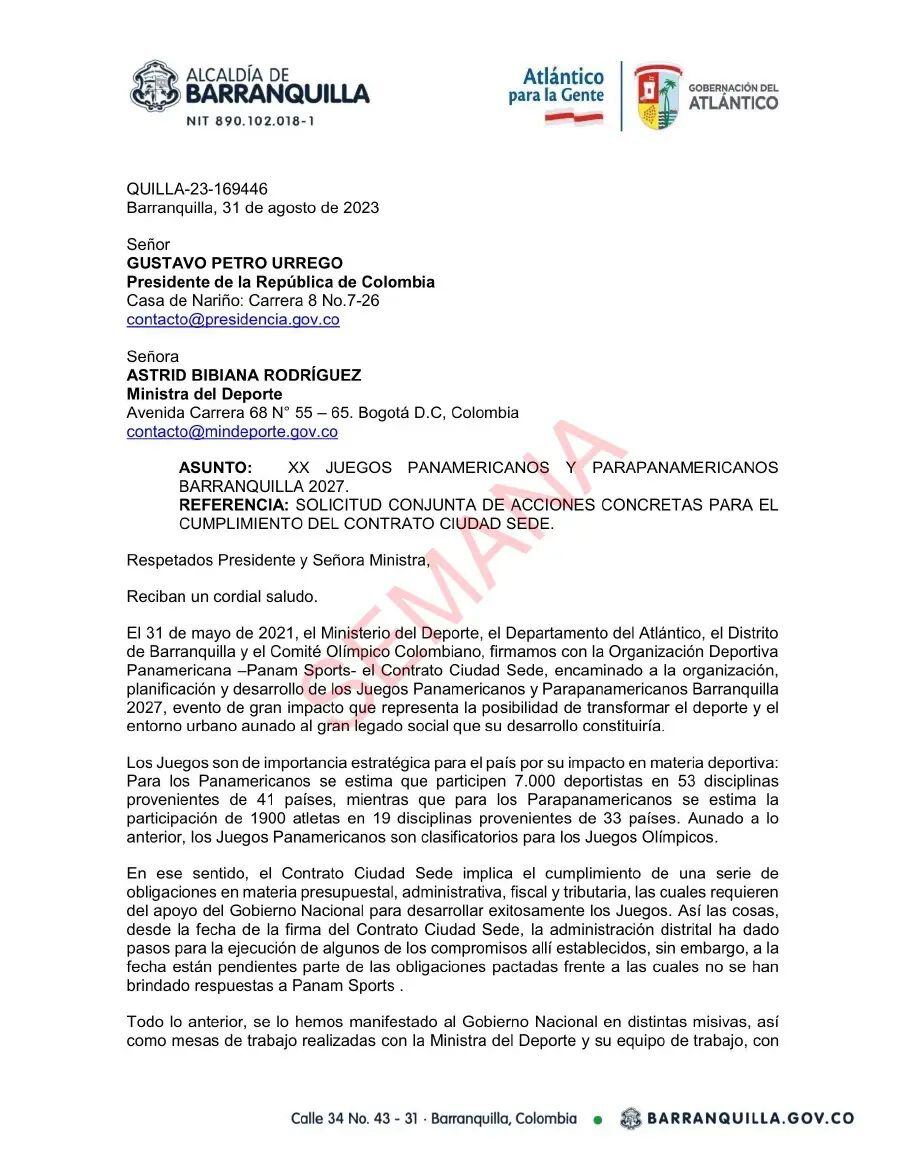Esta es la primera página de la carta enviada al presidente Gustavo Petro desde la Gobernación del Atlántico.