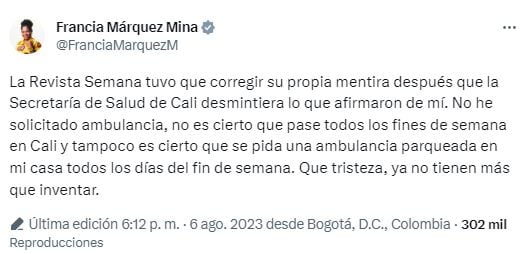 Trino de Francia Márquez tras polémica por suso de ambulancias de Cali