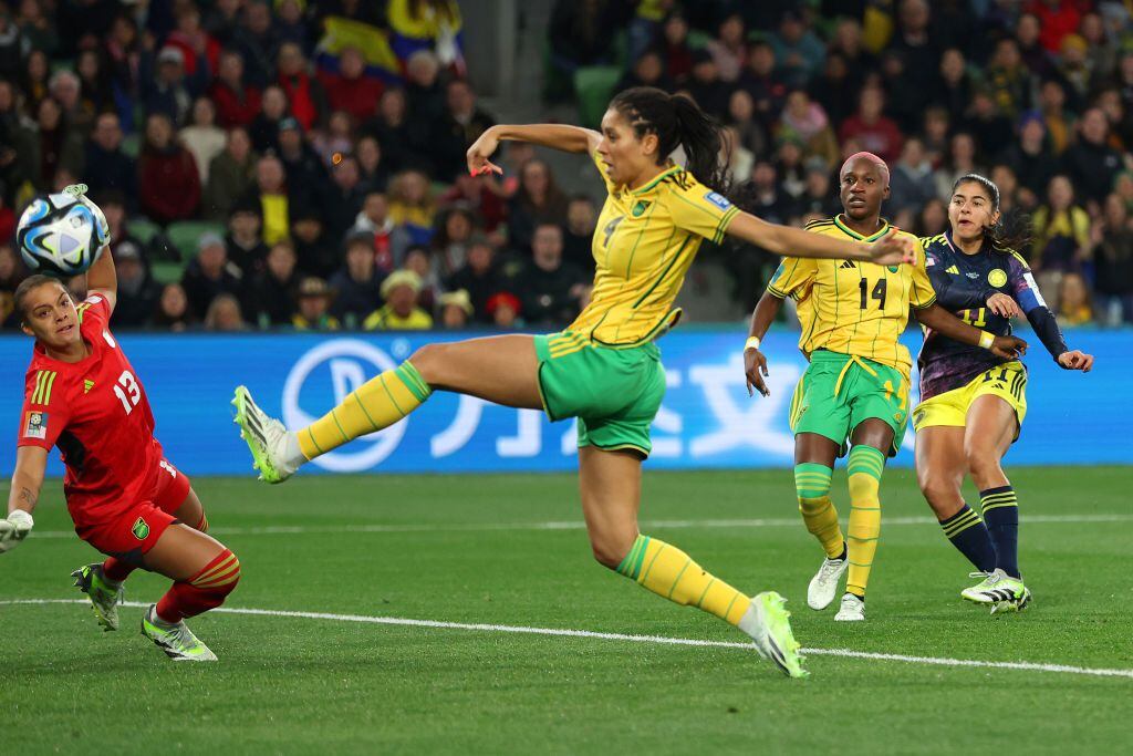 MELBOURNE, AUSTRALIA - AUGUST 08: Catalina Usme of Colombia scores her team's first goal during the FIFA Women's World Cup Australia & New Zealand 2023 Round of 16 match between Colombia and Jamaica at Melbourne Rectangular Stadium on August 08, 2023 in Melbourne, Australia. (Photo by Robert Cianflone/Getty Images)