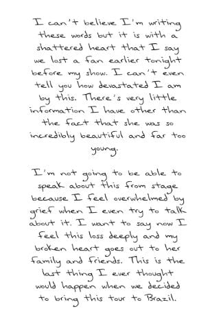 Esta es la nota que escribió Taylor Swift para lamentar la muerte de su fan.