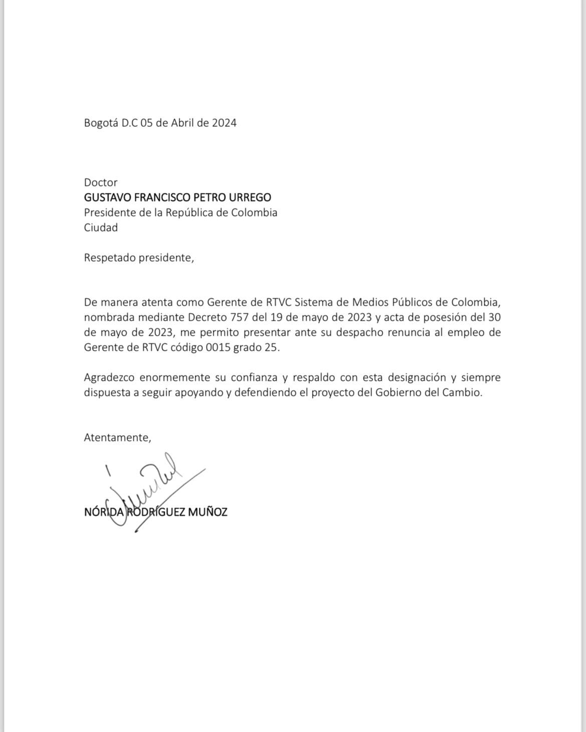 Carta renuncia Nórida Rodríguez