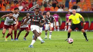 Momento del cobro del penal de Jhon Arias, en las semifinales del Mundial de Clubes, con el Fluminense de Brasil.