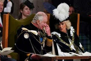 Britain's King Charles III and Queen Camilla during the National Service of Thanksgiving and Dedication for King Charles III and Queen Camilla, and the presentation of the Honours of Scotland, at St Giles' Cathedral, in Edinburgh, Wednesday, July 5, 2023. (Andrew Milligan/Pool photo via AP)