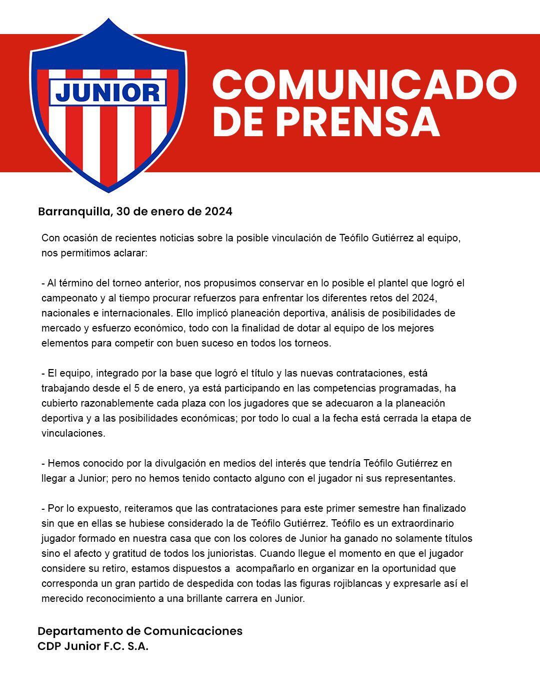 Comunicado oficial del Junior de Barranquilla sobre el caso 'Teo' Gutiérrez.