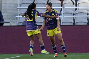 Colombia's Maria Usme, right, celebrates with teammate Manuela Pavi after scoring a goal against Puerto Rico during the first half of a CONCACAF Gold Cup women's soccer tournament match, Tuesday, Feb. 27, 2024, in San Diego. (AP Photo/Gregory Bull)