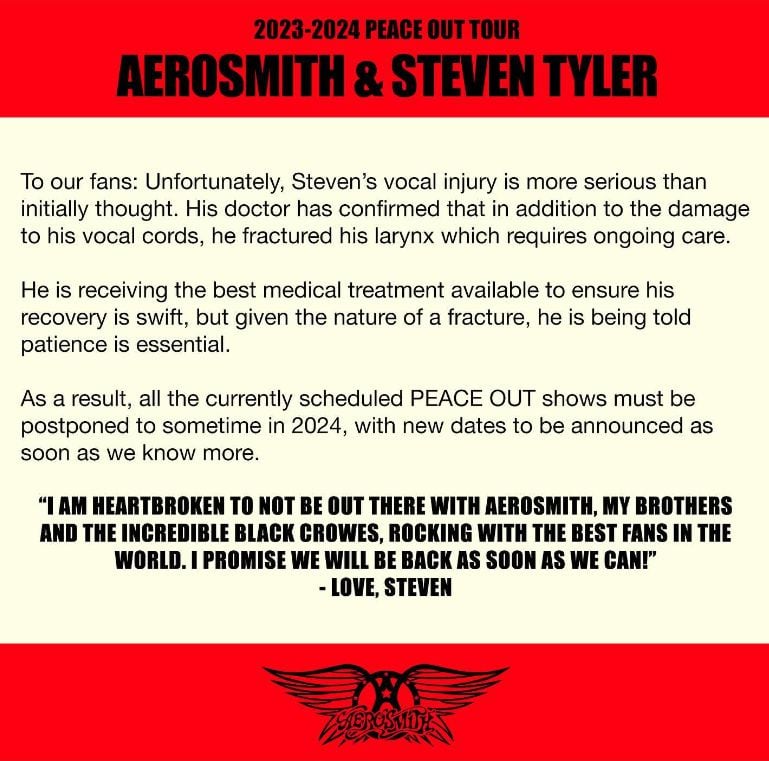 Aerosmith cancela su gira de despedida 
por una fractura en las cuerdas vocales de Steven Tyler.