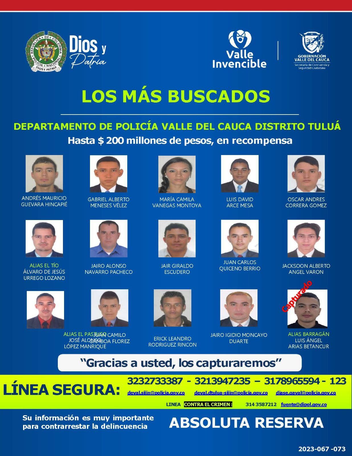 Estos son los más buscados del municipio de Tuluá, por los delitos de homicidio, extorsión y hurto, entre otros. Imagen Policía Valle del Cauca.