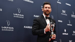 PARIS, FRANCE - MAY 08: Lionel Messi poses with his Laureus World Sportsman of the Year 2023 award during the Winners Walk at the 2023 Laureus World Sport Awards Paris at Cour Vendome on May 08, 2023 in Paris, France. (Photo by Aurelien Meunier/Getty Images for Laureus)